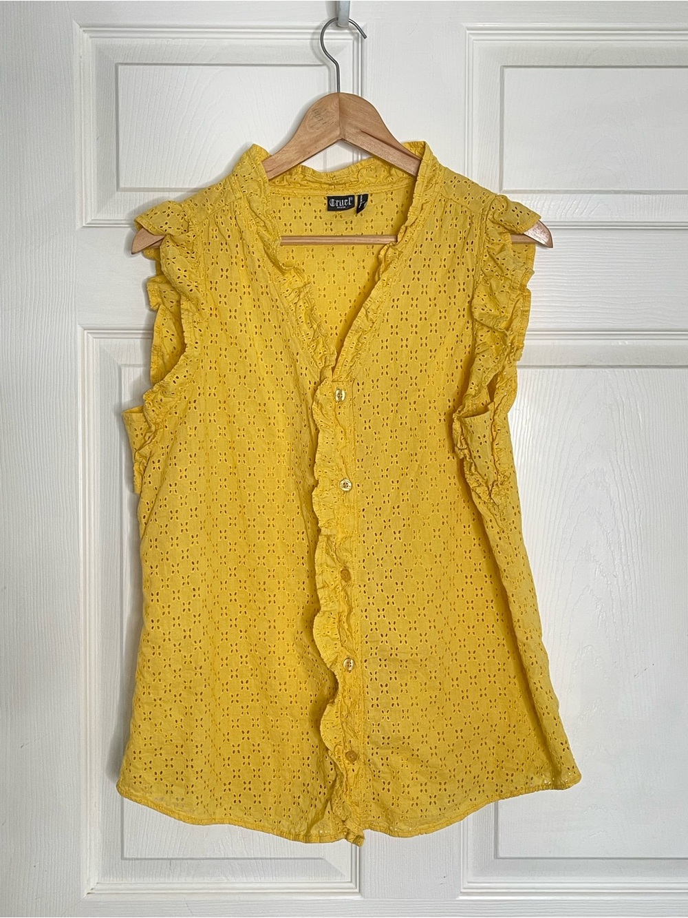Eyelet Ruffle Sleeveless Blouse - Yellow